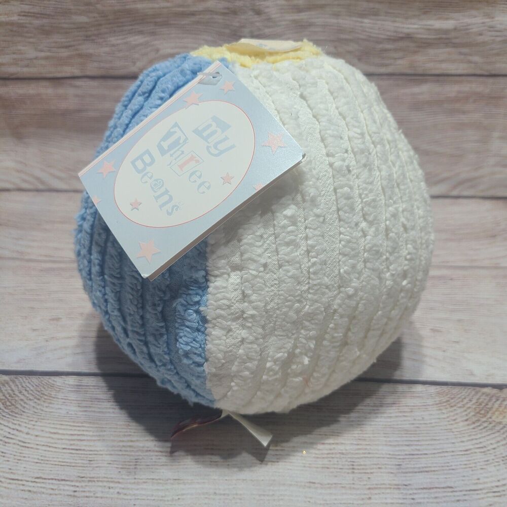 My Three Beans Plush Chenille Ball Stuffed Toy Colorblock Blue Yellow Cream 7"